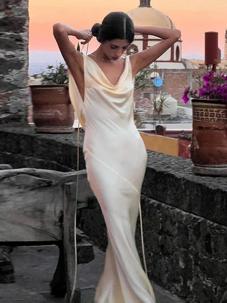Robe de soirée sirène sexy en satin ivoire, sans bijou, longueur au sol, robe de bal